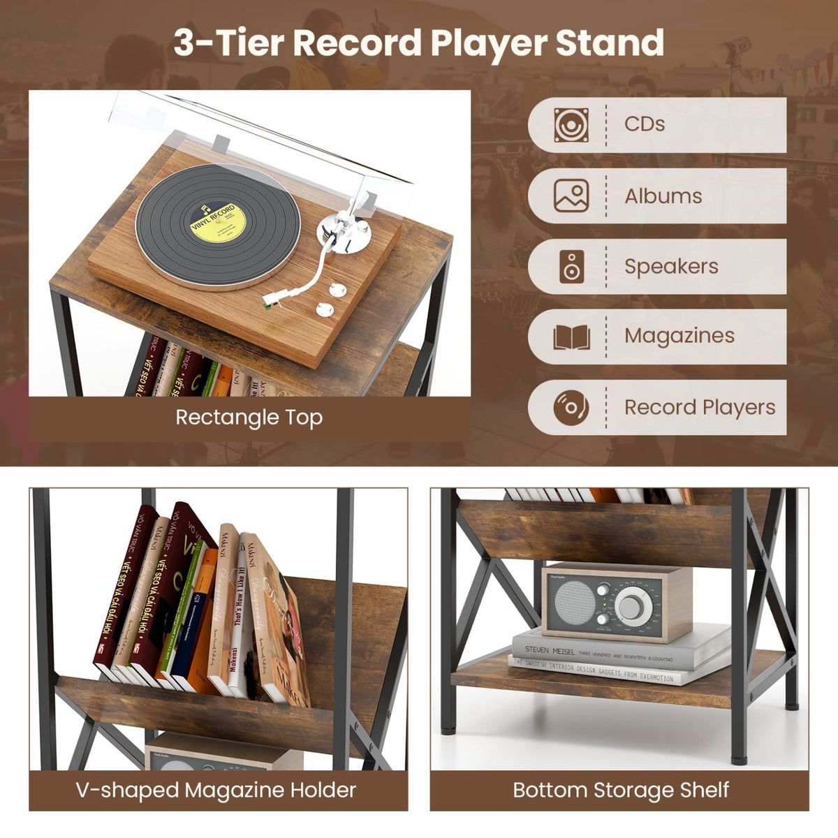 3-Tier Industrial Side Table with V-shaped Bookshelf for Living Room-Rustic Brown-End & Side Tables-DECOROLALA