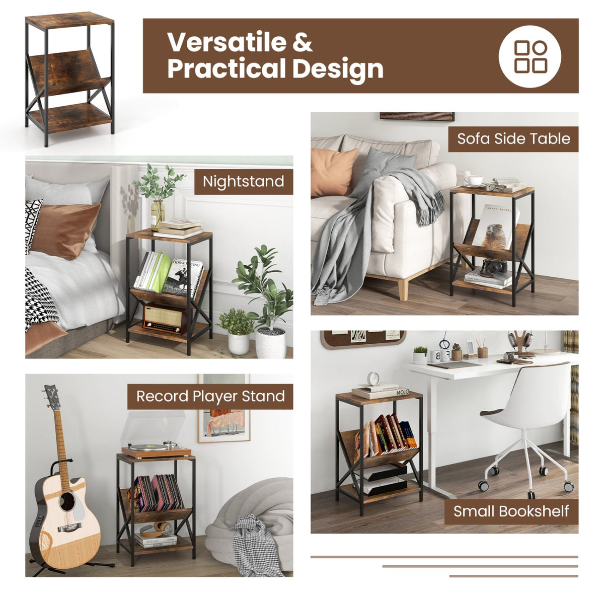 3-Tier Industrial Side Table with V-shaped Bookshelf for Living Room-Rustic Brown-End & Side Tables-DECOROLALA