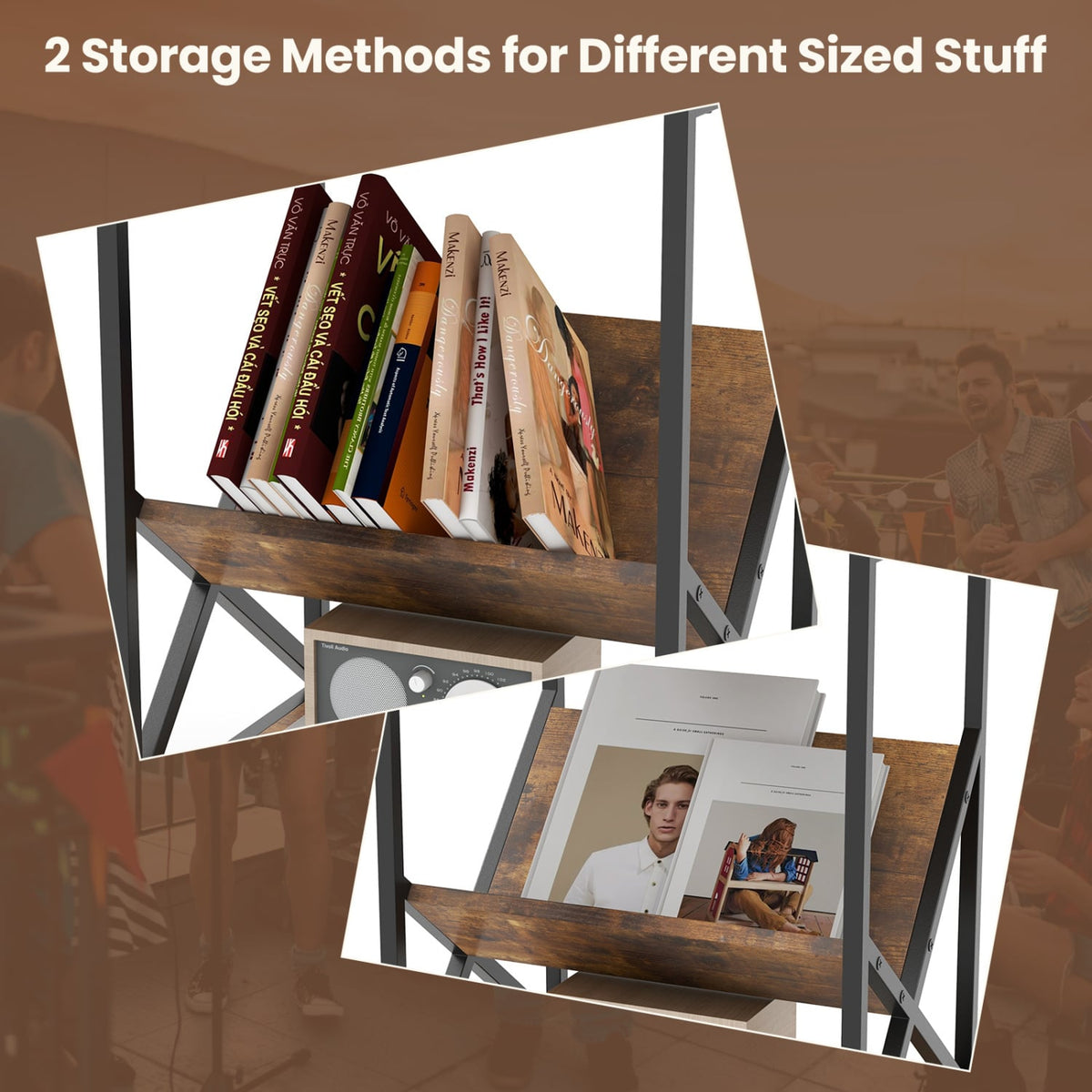 3-Tier Industrial Side Table with V-shaped Bookshelf for Living Room-Rustic Brown-End & Side Tables-DECOROLALA
