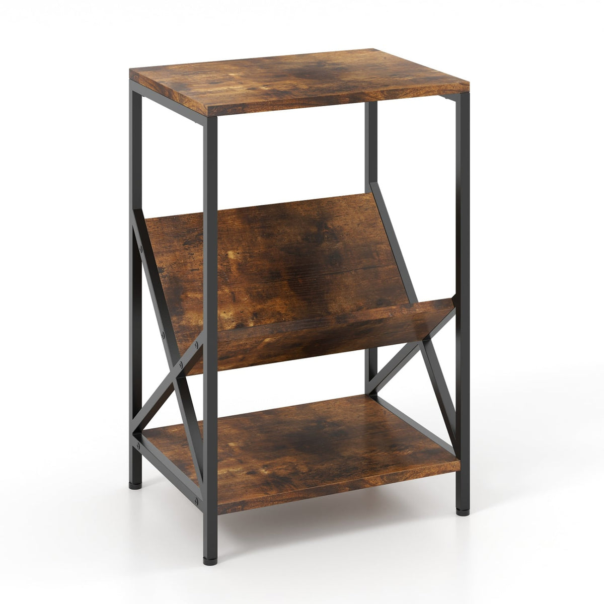 3-Tier Industrial Side Table with V-shaped Bookshelf for Living Room-Rustic Brown-End & Side Tables-DECOROLALA