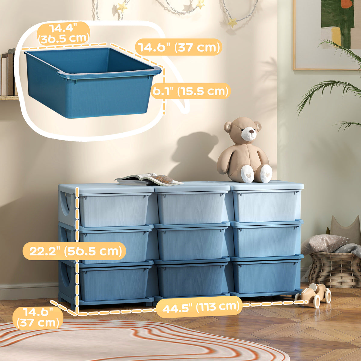 3-Tier Kids Toy Organizer with 9 Plastic Bins - Blue-Toys & Games > Toddler & Kids Furniture > Baby & Kids Storage-DECOROLALA