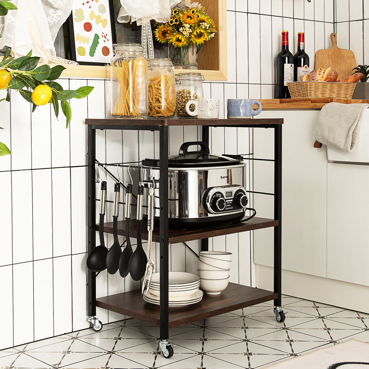 3-Tier Kitchen Baker's Rack Microwave Oven Storage Cart with Hooks-Charcoal Brown-Baker’s Racks-DECOROLALA
