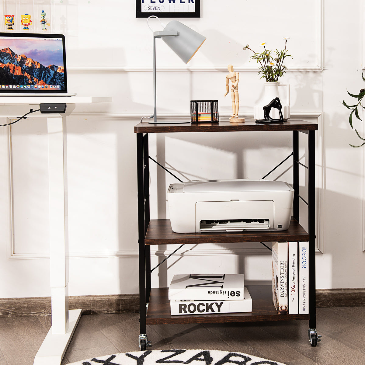 3-Tier Kitchen Baker's Rack Microwave Oven Storage Cart with Hooks-Charcoal Brown-Baker’s Racks-DECOROLALA