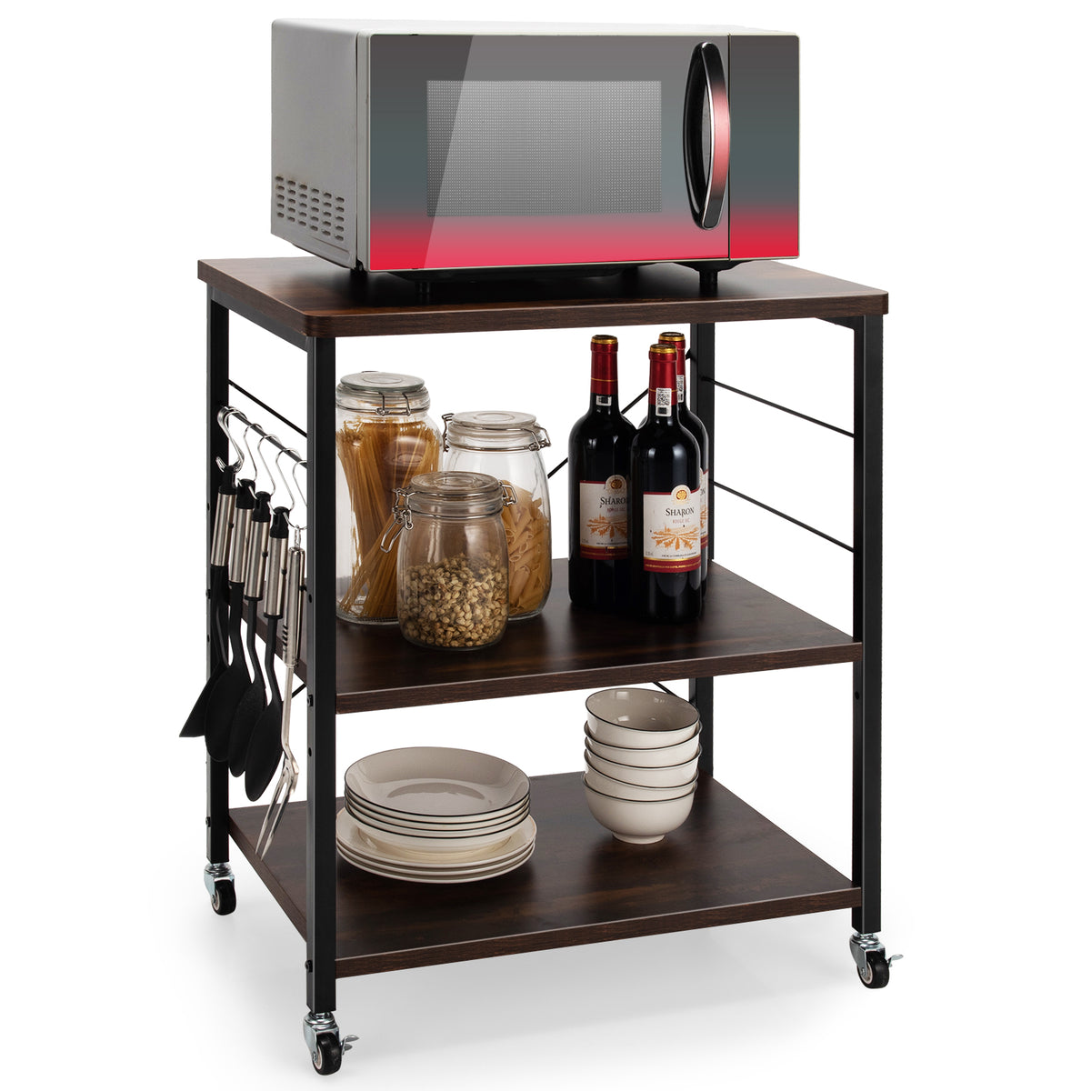 3-Tier Kitchen Baker's Rack Microwave Oven Storage Cart with Hooks-Charcoal Brown-Baker’s Racks-DECOROLALA
