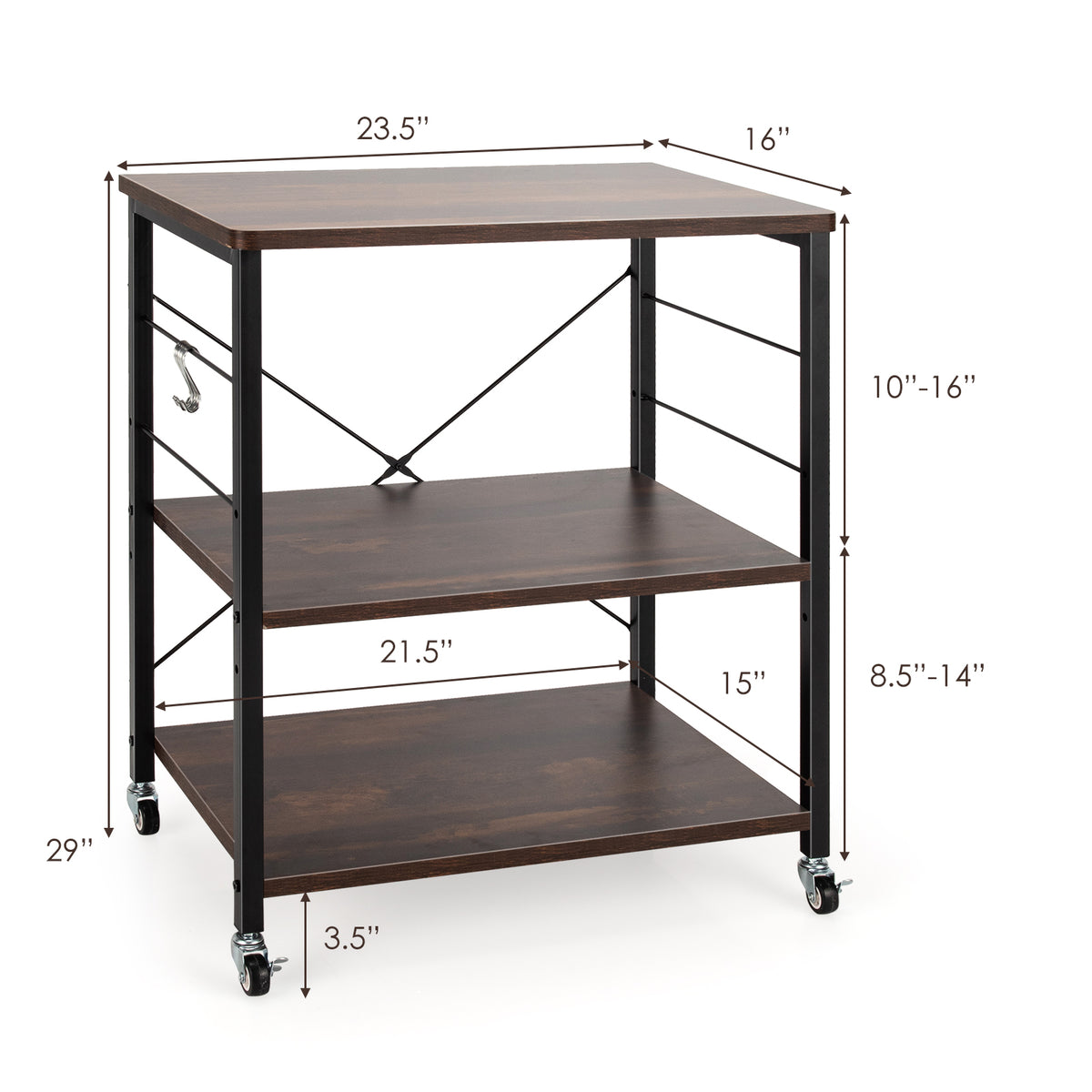 3-Tier Kitchen Baker's Rack Microwave Oven Storage Cart with Hooks-Charcoal Brown-Baker’s Racks-DECOROLALA