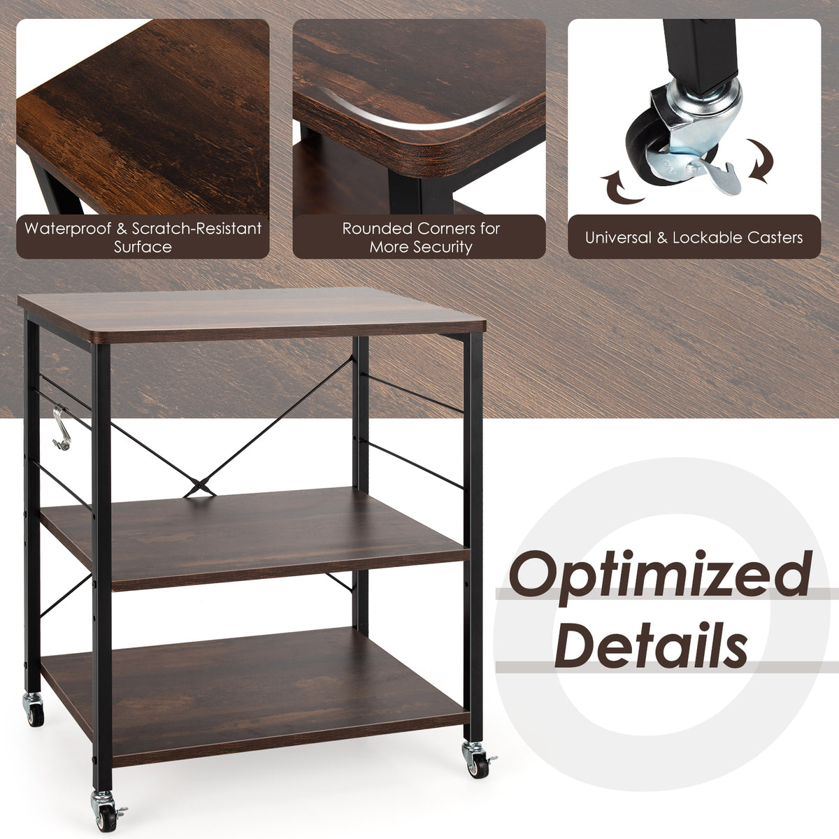 3-Tier Kitchen Baker's Rack Microwave Oven Storage Cart with Hooks-Charcoal Brown-Baker’s Racks-DECOROLALA