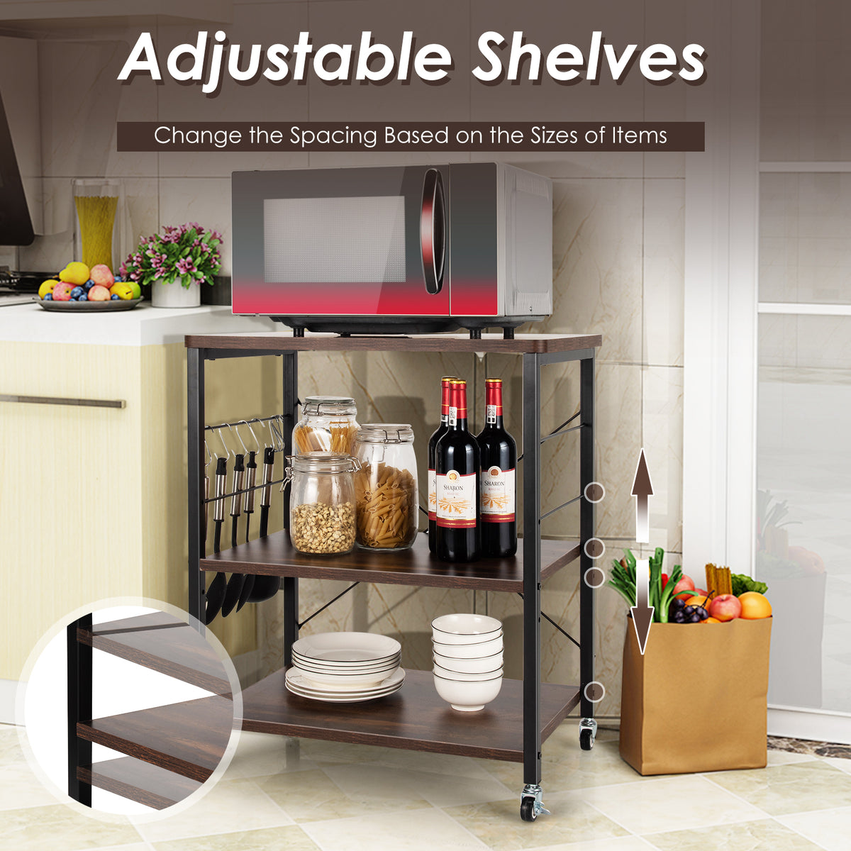 3-Tier Kitchen Baker's Rack Microwave Oven Storage Cart with Hooks-Charcoal Brown-Baker’s Racks-DECOROLALA