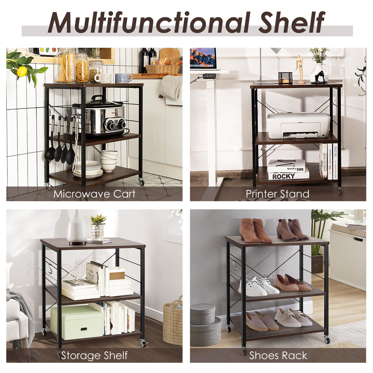 3-Tier Kitchen Baker's Rack Microwave Oven Storage Cart with Hooks-Charcoal Brown-Baker’s Racks-DECOROLALA
