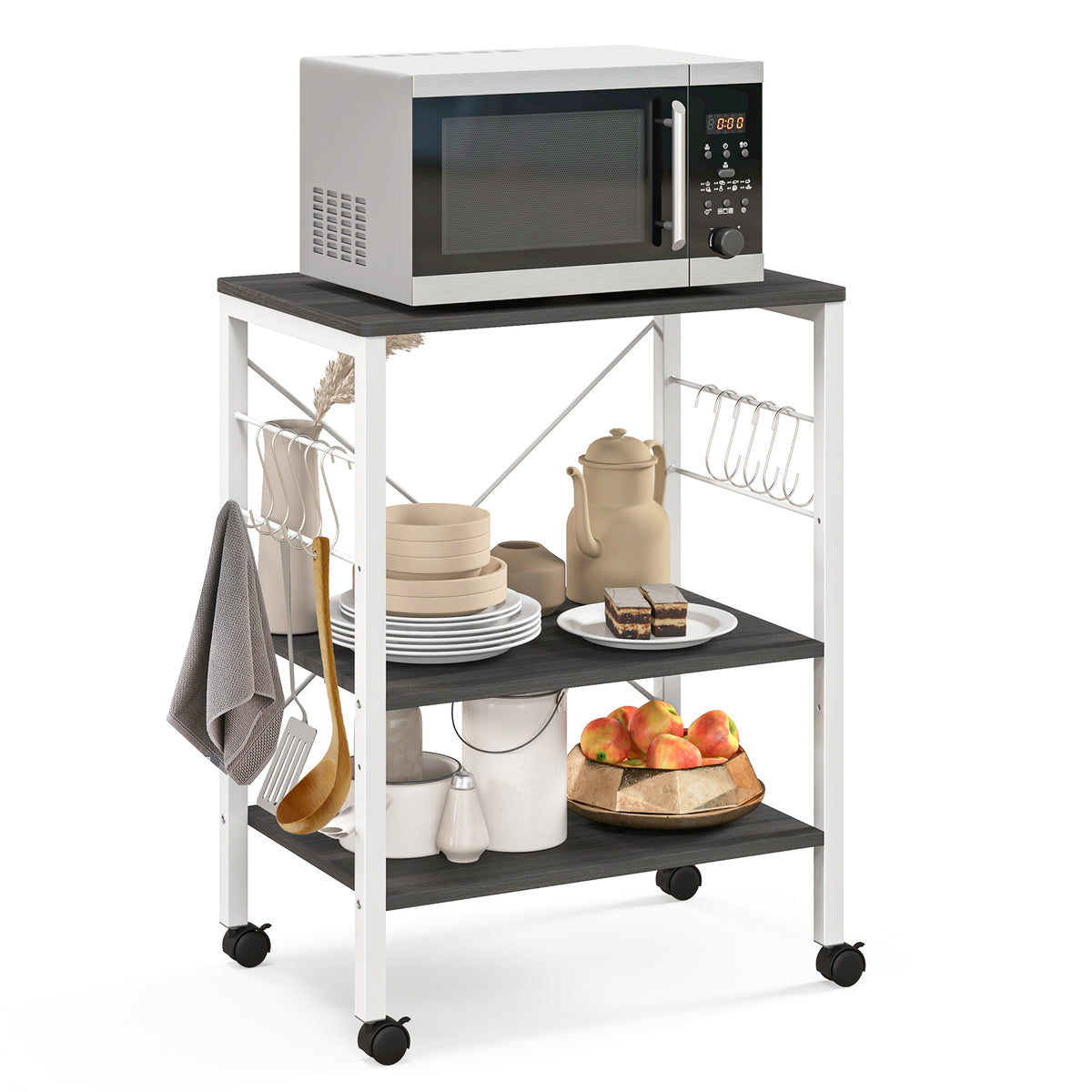 3-Tier Kitchen Baker's Rack Microwave Oven Storage Cart with Hooks-Deep Brown-Baker’s Racks-DECOROLALA