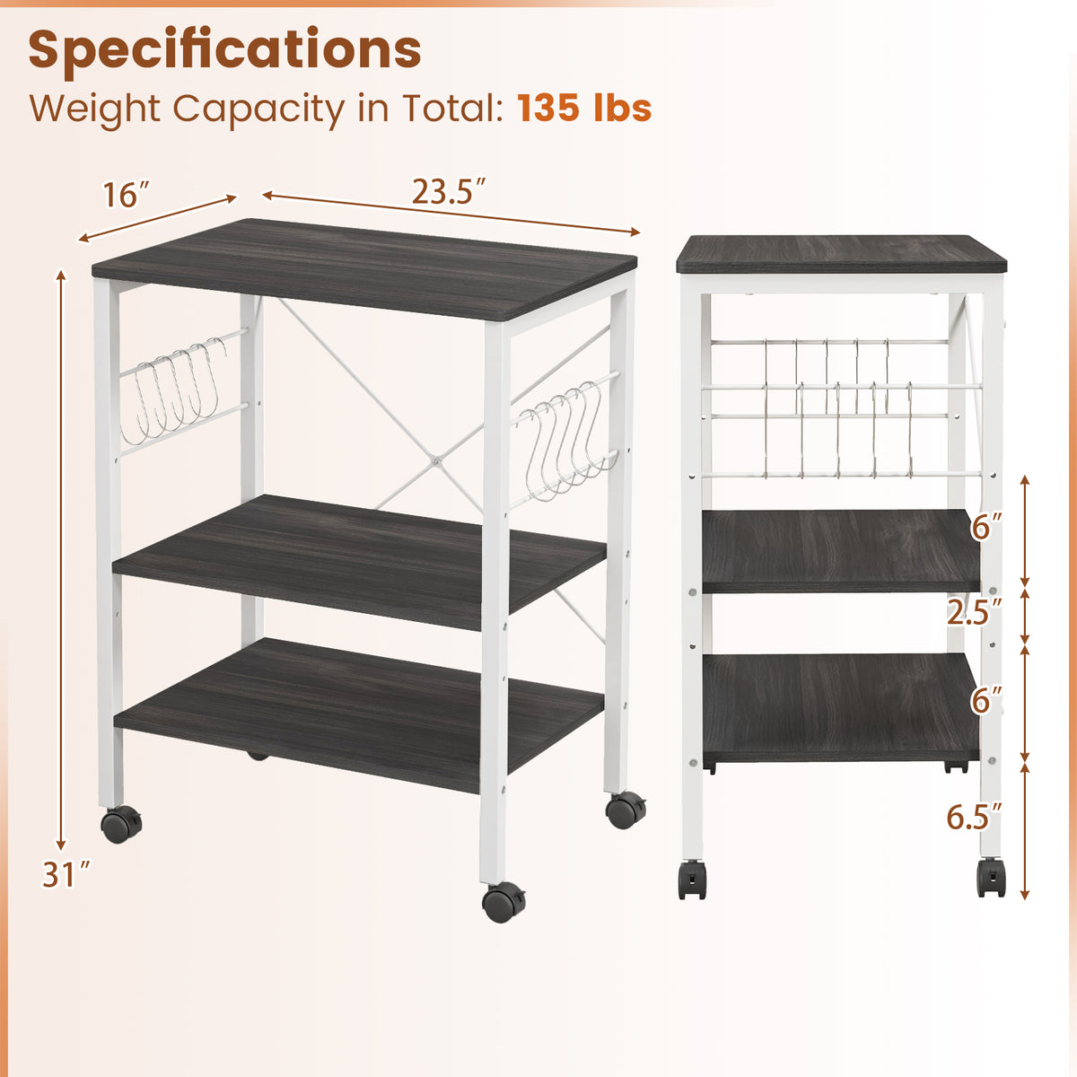 3-Tier Kitchen Baker's Rack Microwave Oven Storage Cart with Hooks-Deep Brown-Baker’s Racks-DECOROLALA