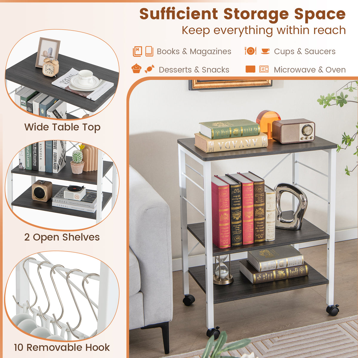 3-Tier Kitchen Baker's Rack Microwave Oven Storage Cart with Hooks-Deep Brown-Baker’s Racks-DECOROLALA