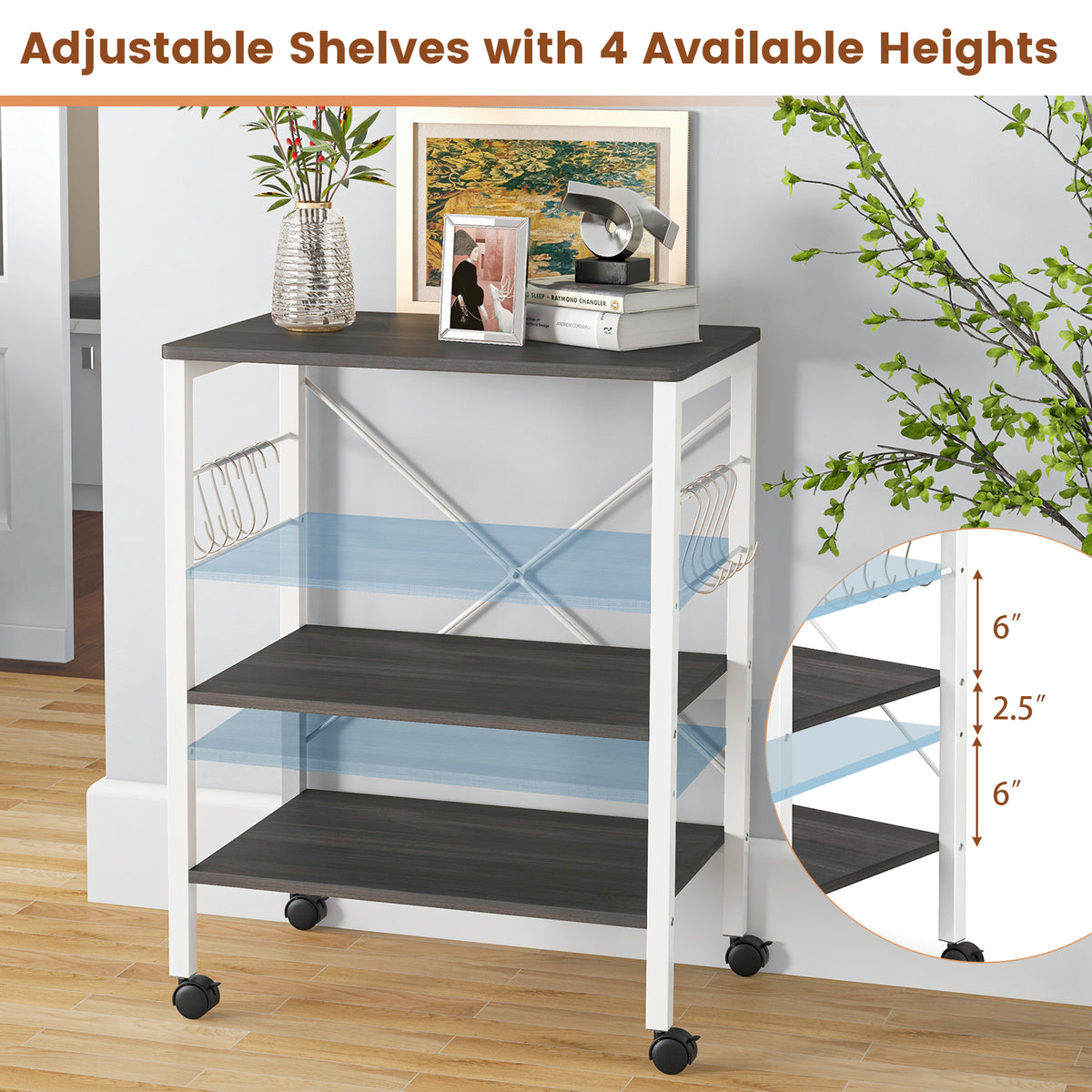 3-Tier Kitchen Baker's Rack Microwave Oven Storage Cart with Hooks-Deep Brown-Baker’s Racks-DECOROLALA