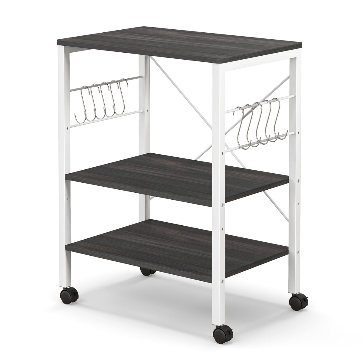 3-Tier Kitchen Baker's Rack Microwave Oven Storage Cart with Hooks-Deep Brown-Baker’s Racks-DECOROLALA
