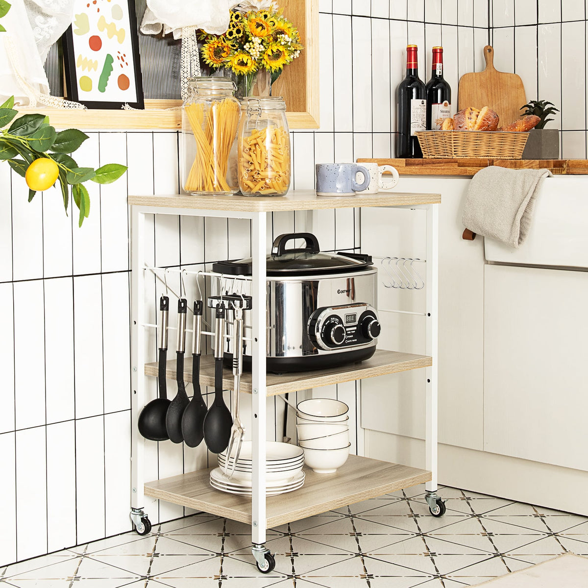 3-Tier Kitchen Baker's Rack Microwave Oven Storage Cart with Hooks-Light Brown-Baker’s Racks-DECOROLALA