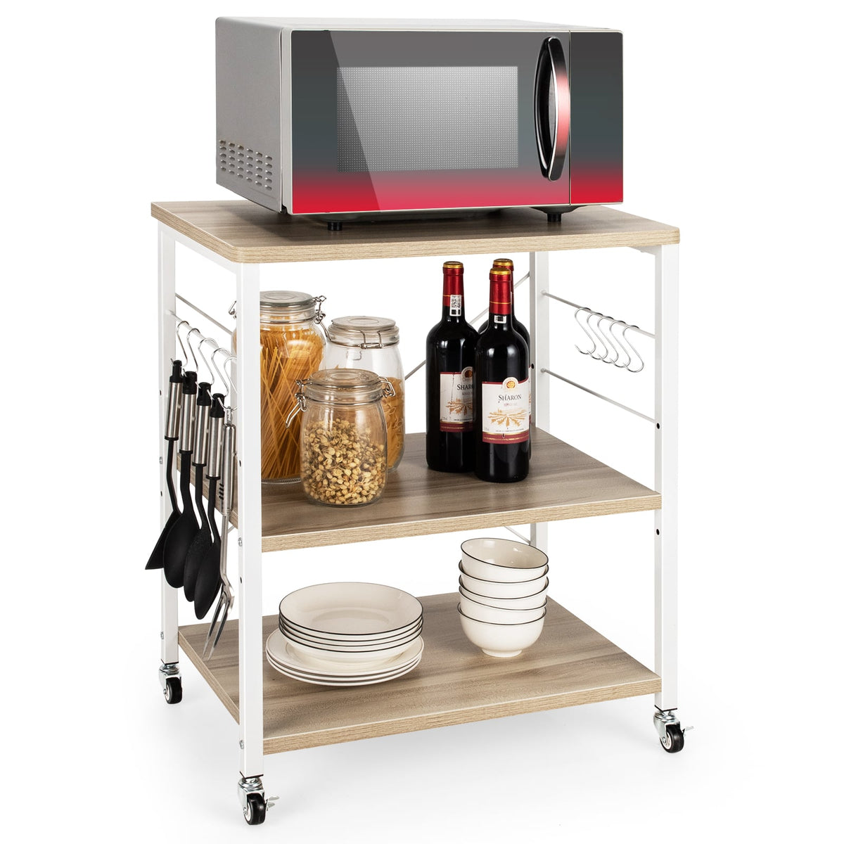 3-Tier Kitchen Baker's Rack Microwave Oven Storage Cart with Hooks-Light Brown-Baker’s Racks-DECOROLALA