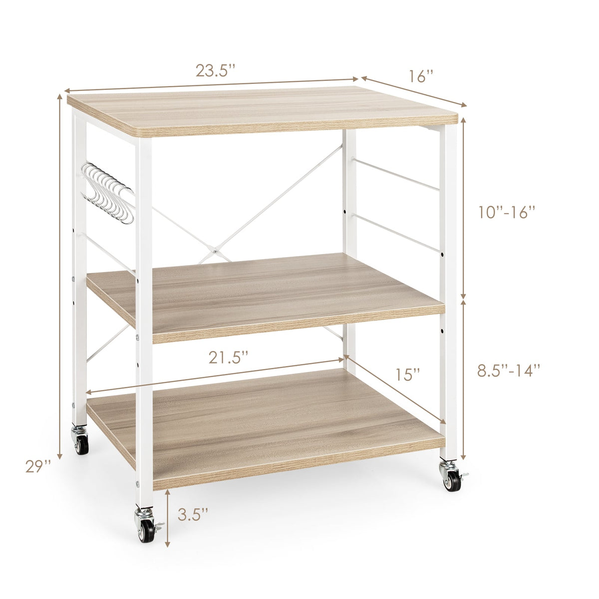 3-Tier Kitchen Baker's Rack Microwave Oven Storage Cart with Hooks-Light Brown-Baker’s Racks-DECOROLALA