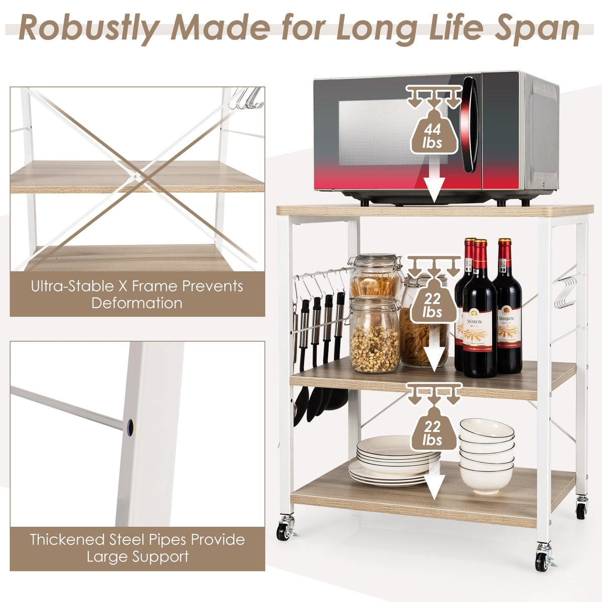 3-Tier Kitchen Baker's Rack Microwave Oven Storage Cart with Hooks-Light Brown-Baker’s Racks-DECOROLALA