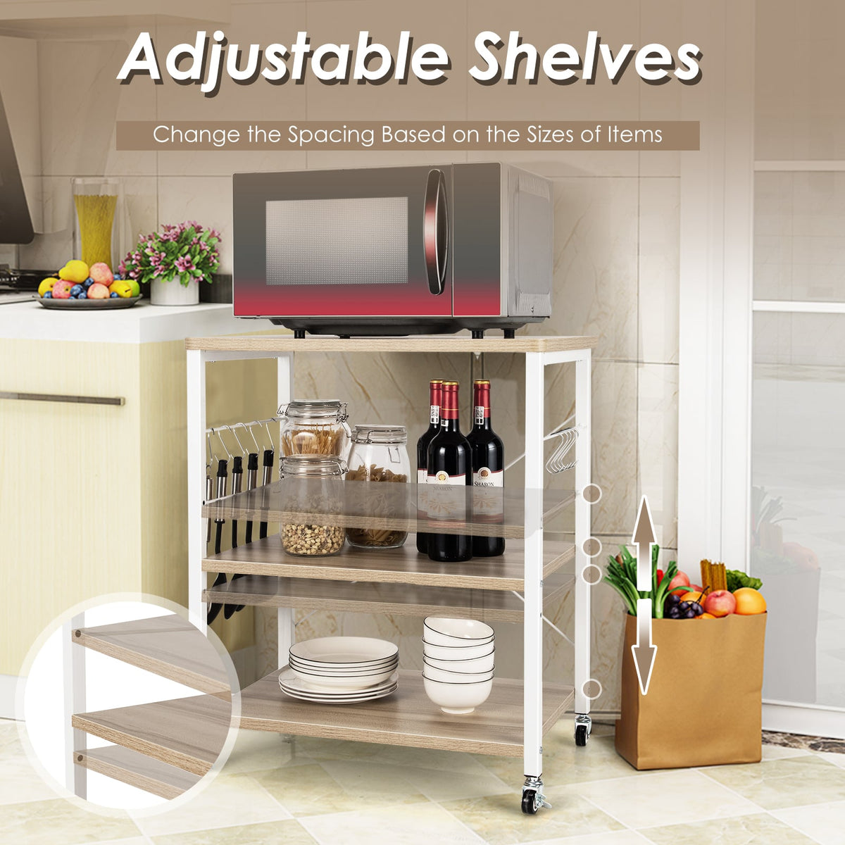 3-Tier Kitchen Baker's Rack Microwave Oven Storage Cart with Hooks-Light Brown-Baker’s Racks-DECOROLALA
