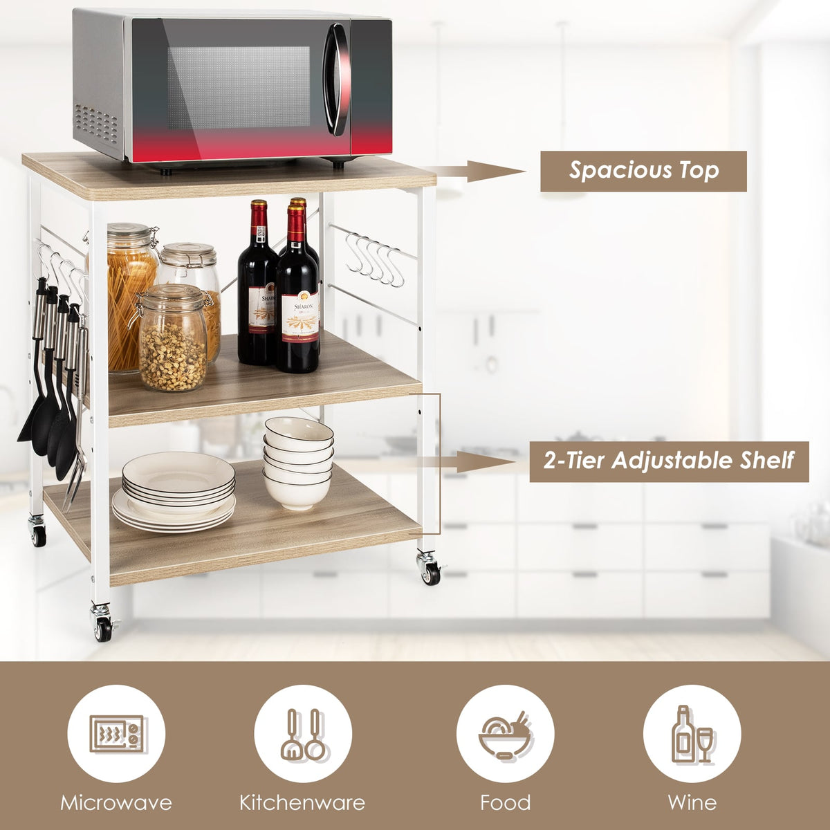 3-Tier Kitchen Baker's Rack Microwave Oven Storage Cart with Hooks-Light Brown-Baker’s Racks-DECOROLALA