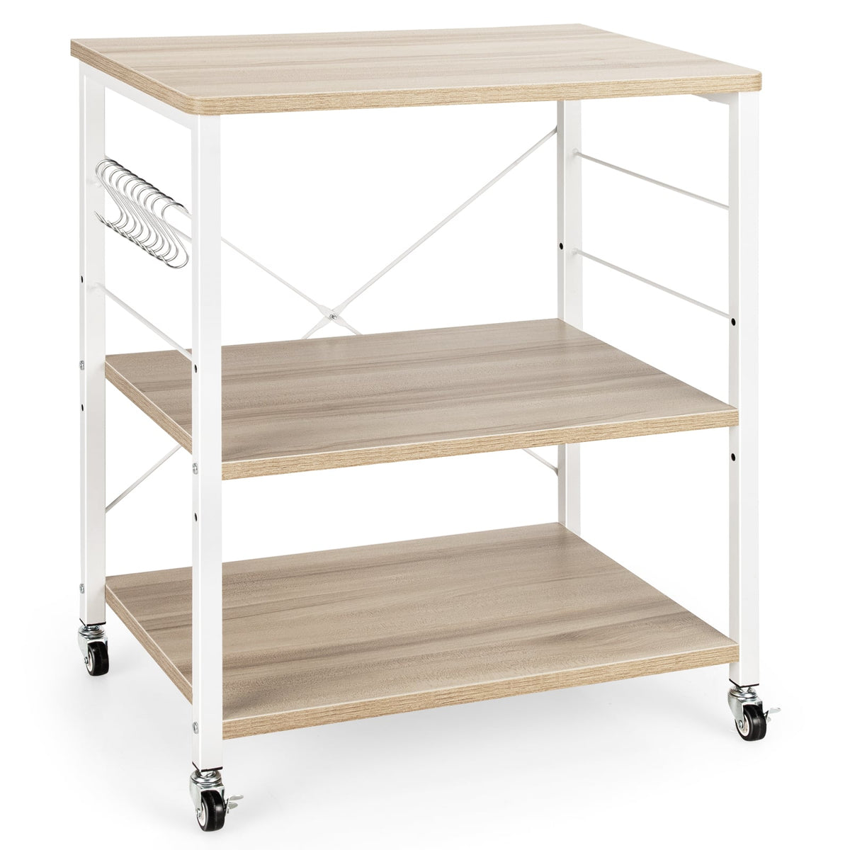 3-Tier Kitchen Baker's Rack Microwave Oven Storage Cart with Hooks-Light Brown-Baker’s Racks-DECOROLALA