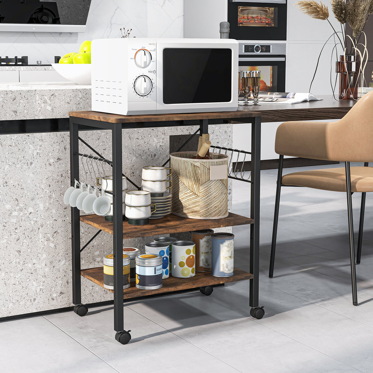3-Tier Kitchen Baker's Rack Microwave Oven Storage Cart with Hooks-Rustic Brown-Baker’s Racks-DECOROLALA