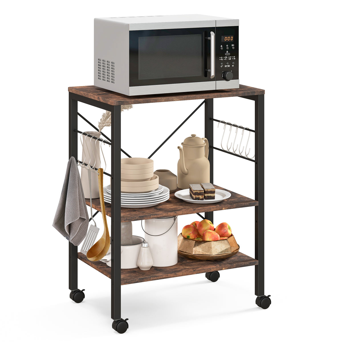 3-Tier Kitchen Baker's Rack Microwave Oven Storage Cart with Hooks-Rustic Brown-Baker’s Racks-DECOROLALA