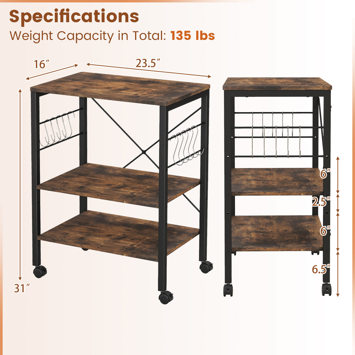 3-Tier Kitchen Baker's Rack Microwave Oven Storage Cart with Hooks-Rustic Brown-Baker’s Racks-DECOROLALA