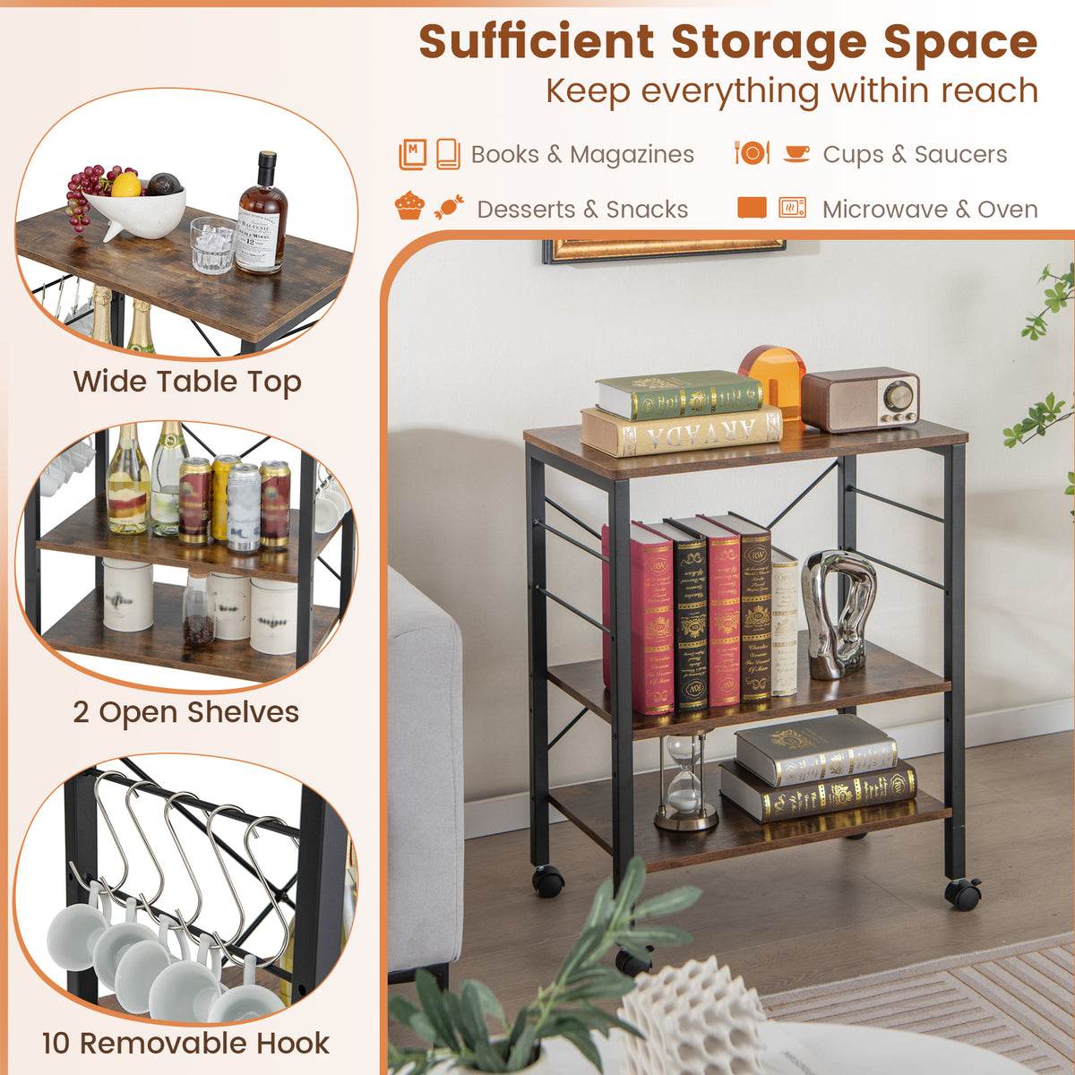 3-Tier Kitchen Baker's Rack Microwave Oven Storage Cart with Hooks-Rustic Brown-Baker’s Racks-DECOROLALA