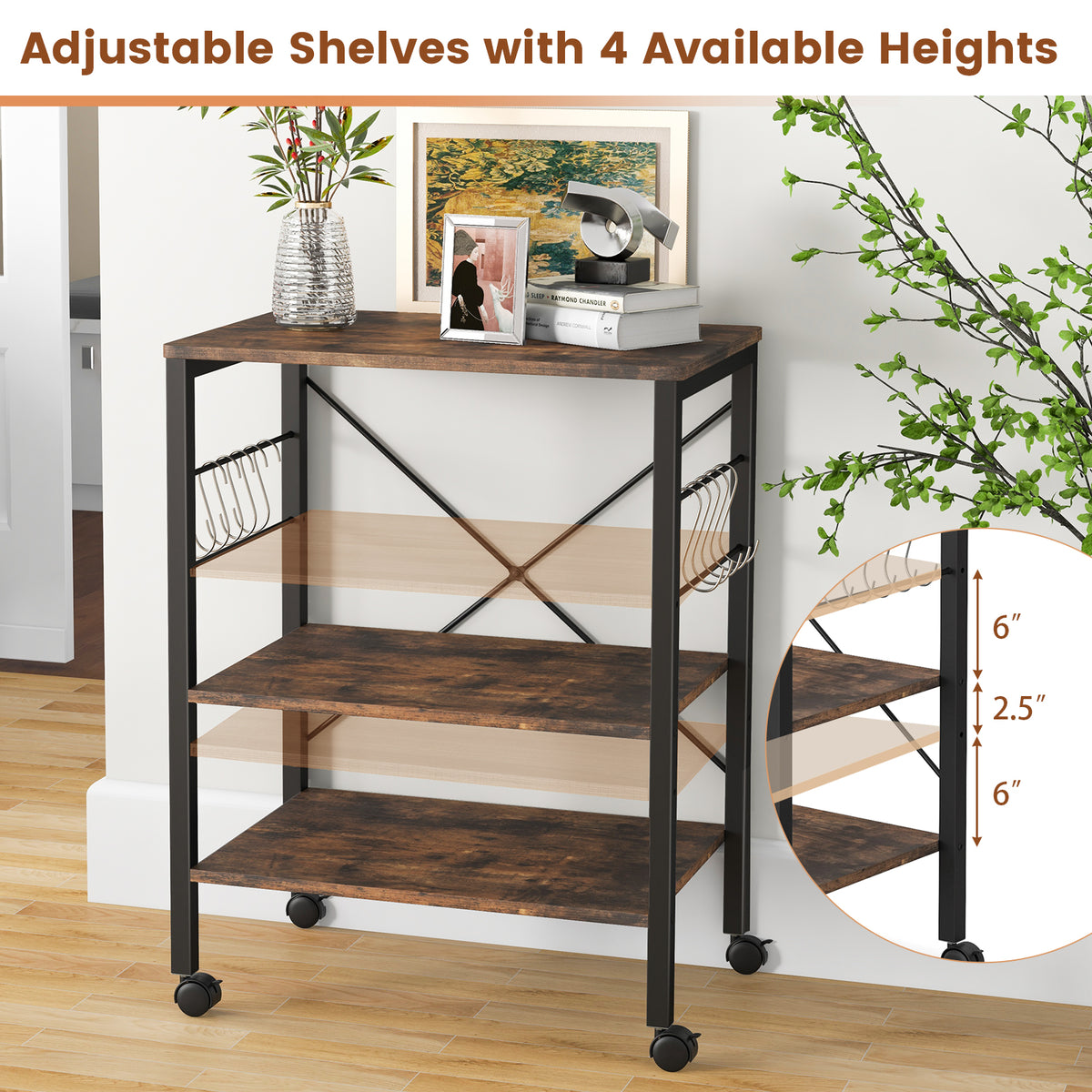 3-Tier Kitchen Baker's Rack Microwave Oven Storage Cart with Hooks-Rustic Brown-Baker’s Racks-DECOROLALA