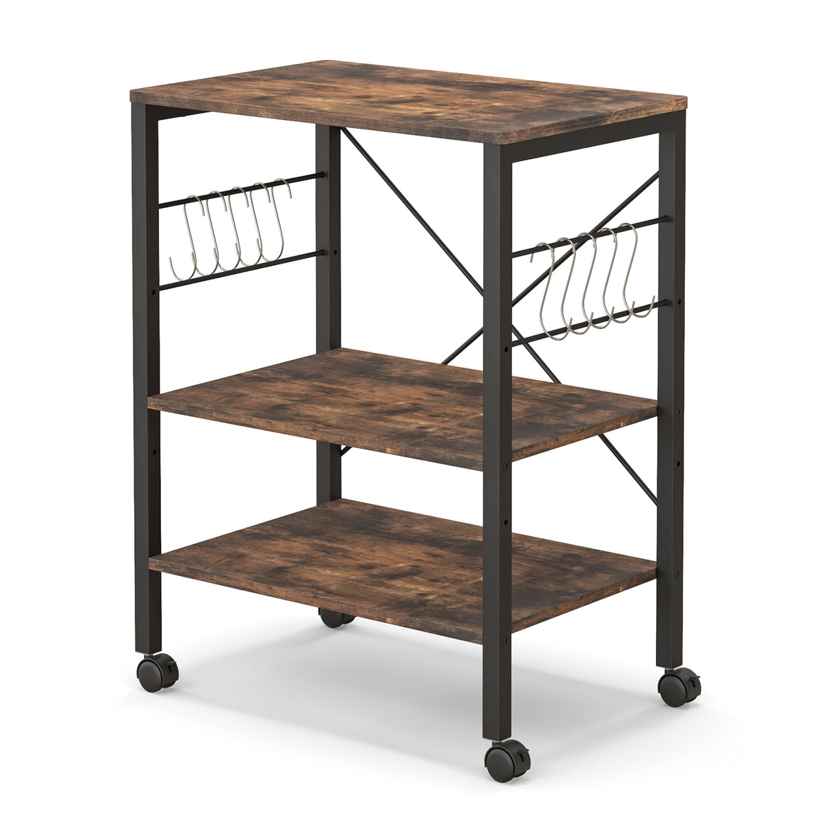 3-Tier Kitchen Baker's Rack Microwave Oven Storage Cart with Hooks-Rustic Brown-Baker’s Racks-DECOROLALA