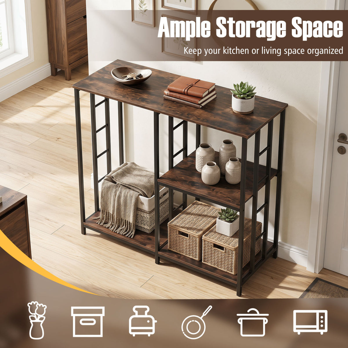3-Tier Kitchen Baker's Rack with Open Shelves for Microwave and Oven-Rustic Brown-Baker’s Racks-DECOROLALA
