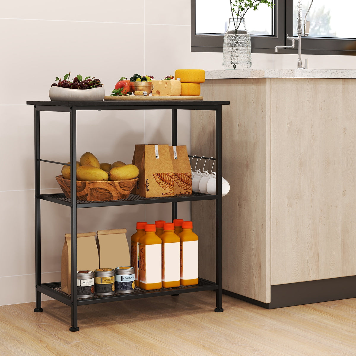 3-Tier Kitchen Serving Cart Utility Standing Microwave Rack with Hooks-Black-Baker’s Racks-DECOROLALA