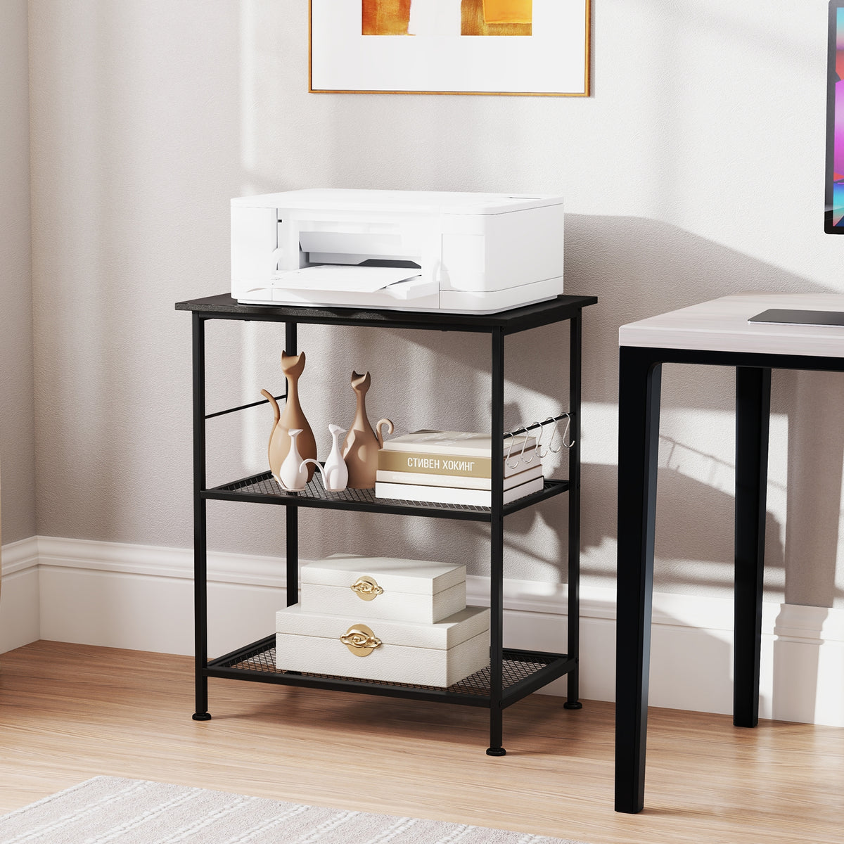 3-Tier Kitchen Serving Cart Utility Standing Microwave Rack with Hooks-Black-Baker’s Racks-DECOROLALA