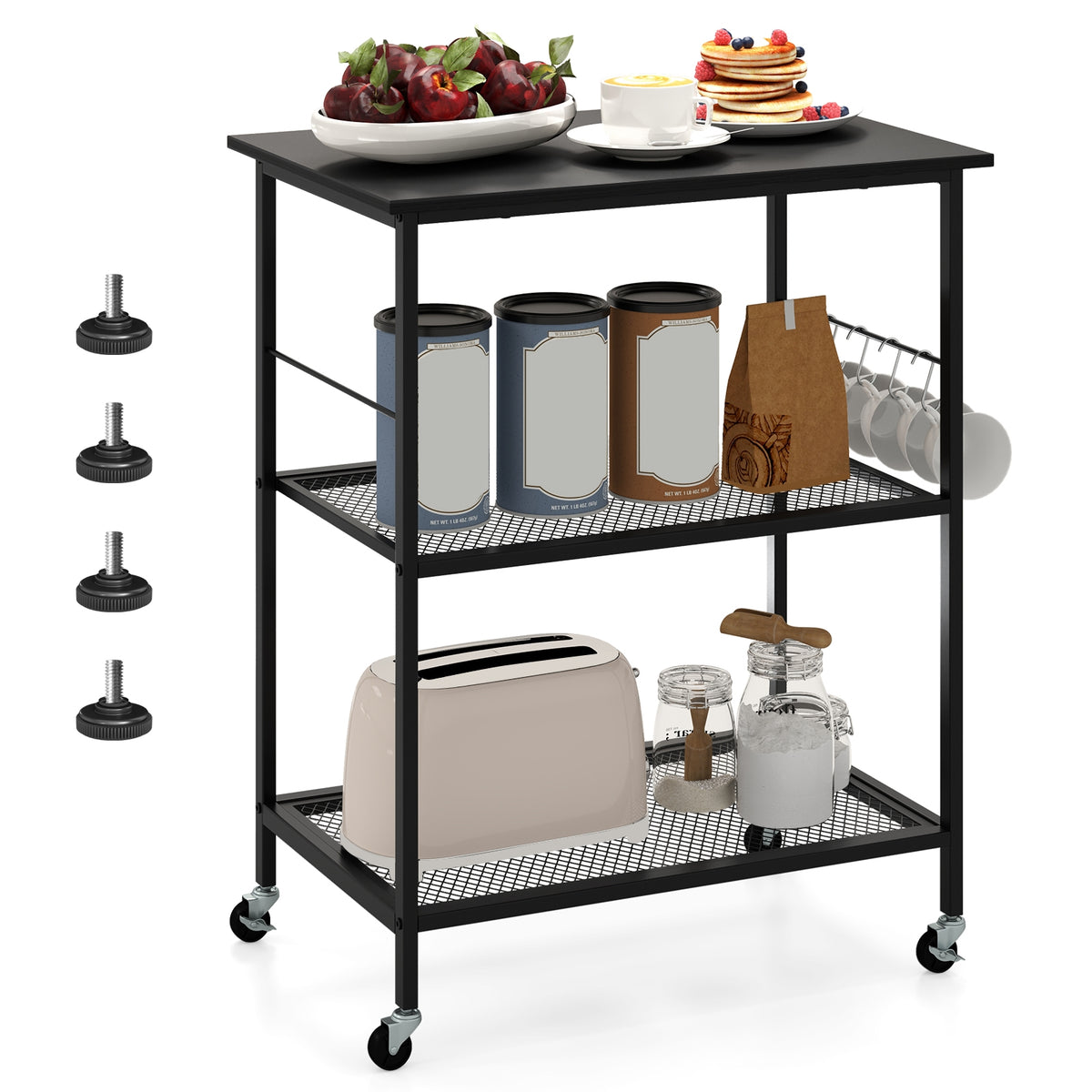 3-Tier Kitchen Serving Cart Utility Standing Microwave Rack with Hooks-Black-Baker’s Racks-DECOROLALA