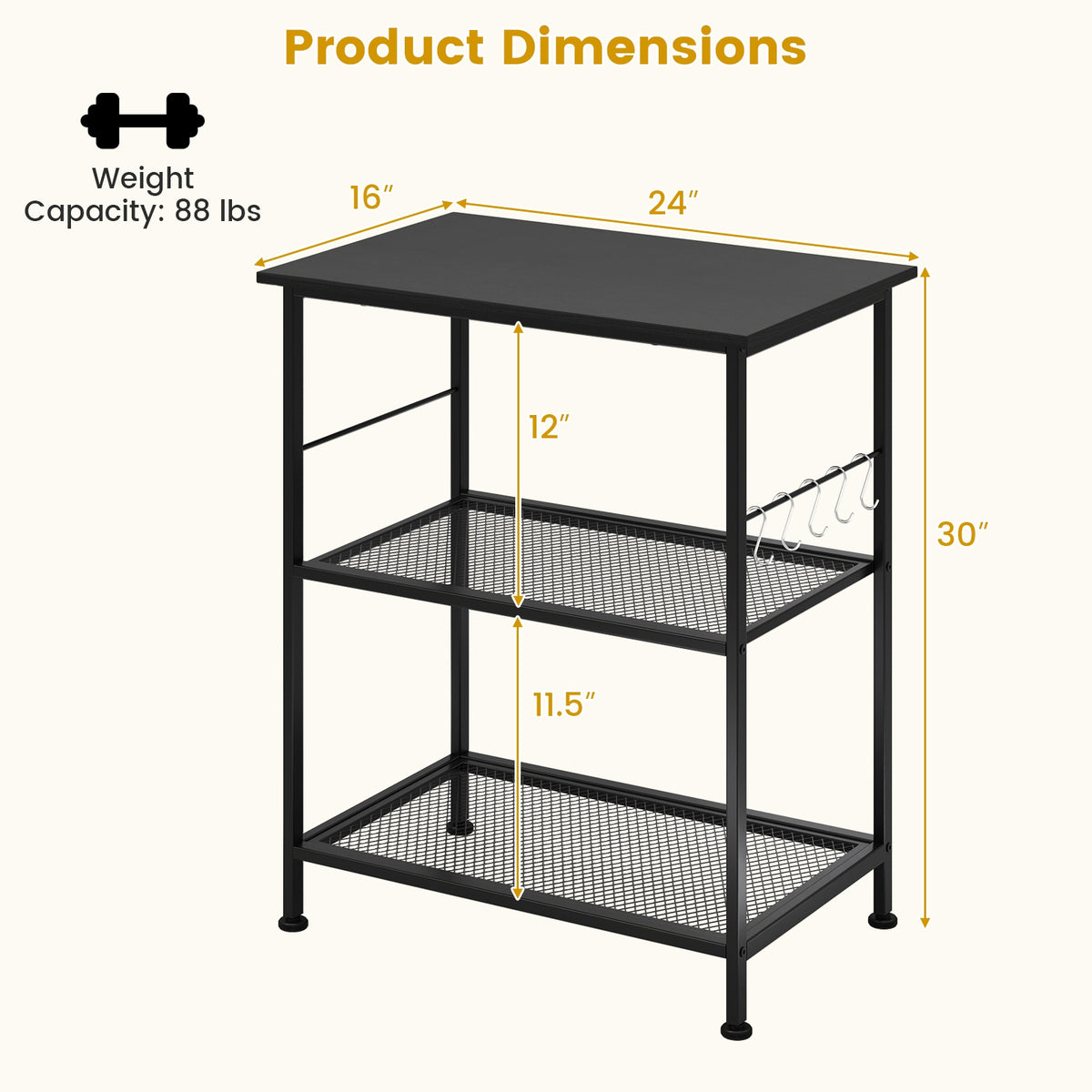 3-Tier Kitchen Serving Cart Utility Standing Microwave Rack with Hooks-Black-Baker’s Racks-DECOROLALA