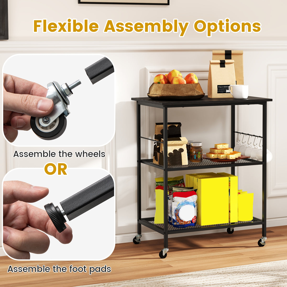 3-Tier Kitchen Serving Cart Utility Standing Microwave Rack with Hooks-Black-Baker’s Racks-DECOROLALA