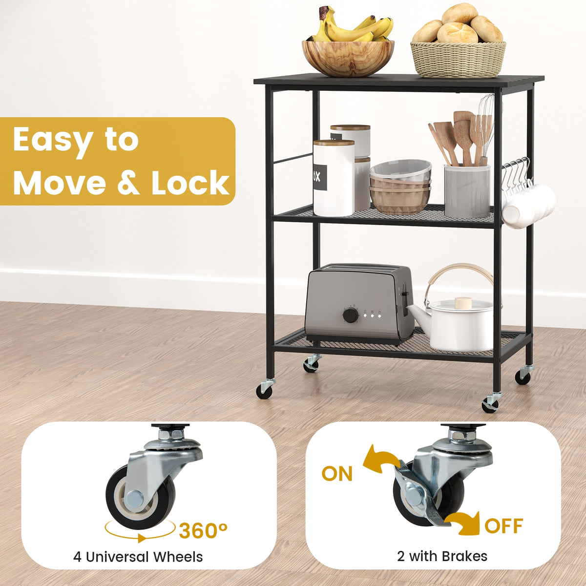 3-Tier Kitchen Serving Cart Utility Standing Microwave Rack with Hooks-Black-Baker’s Racks-DECOROLALA