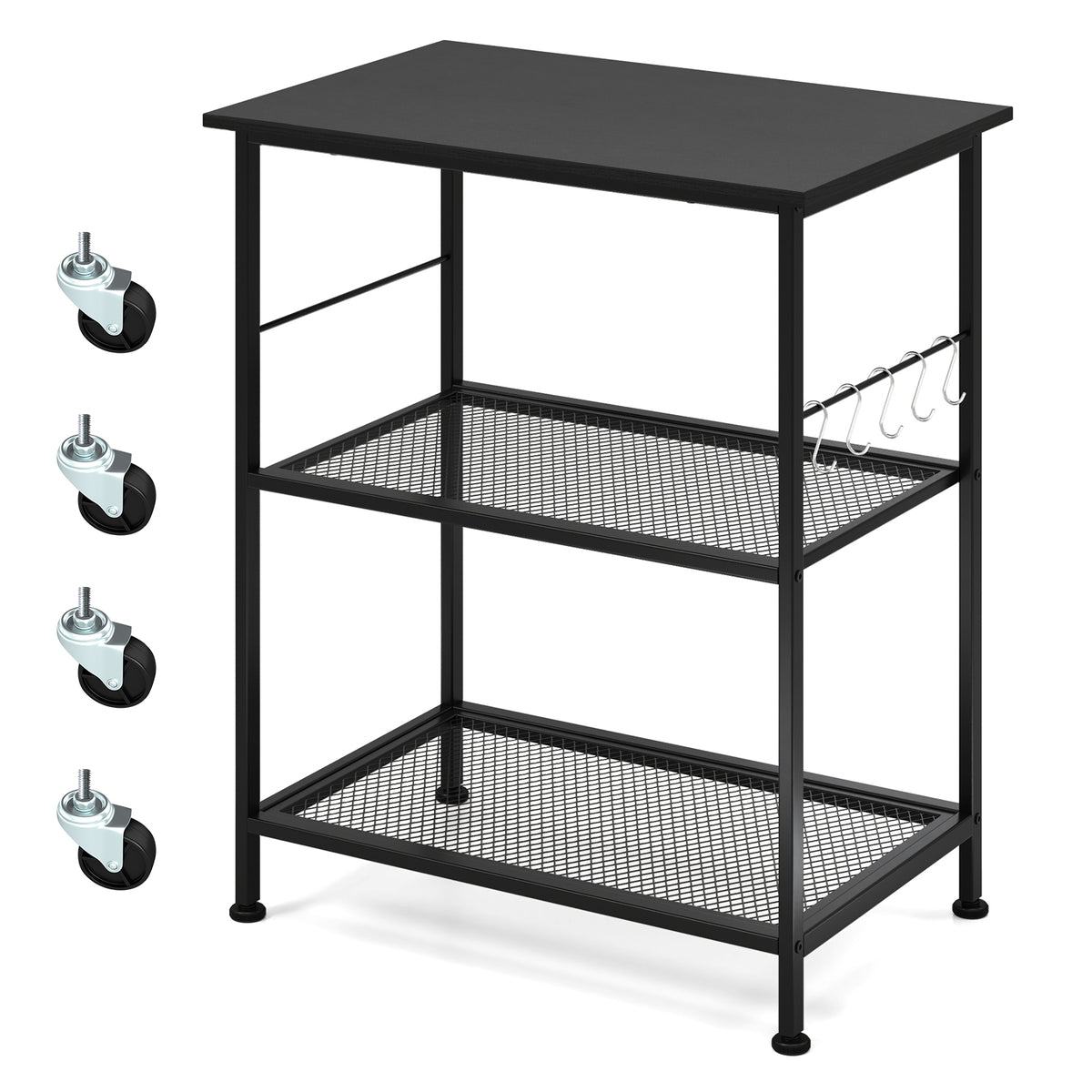 3-Tier Kitchen Serving Cart Utility Standing Microwave Rack with Hooks-Black-Baker’s Racks-DECOROLALA