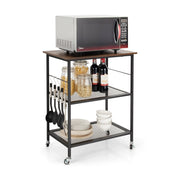 3-Tier Kitchen Serving Cart Utility Standing Microwave Rack with Hooks Brown-Baker’s Racks-DECOROLALA