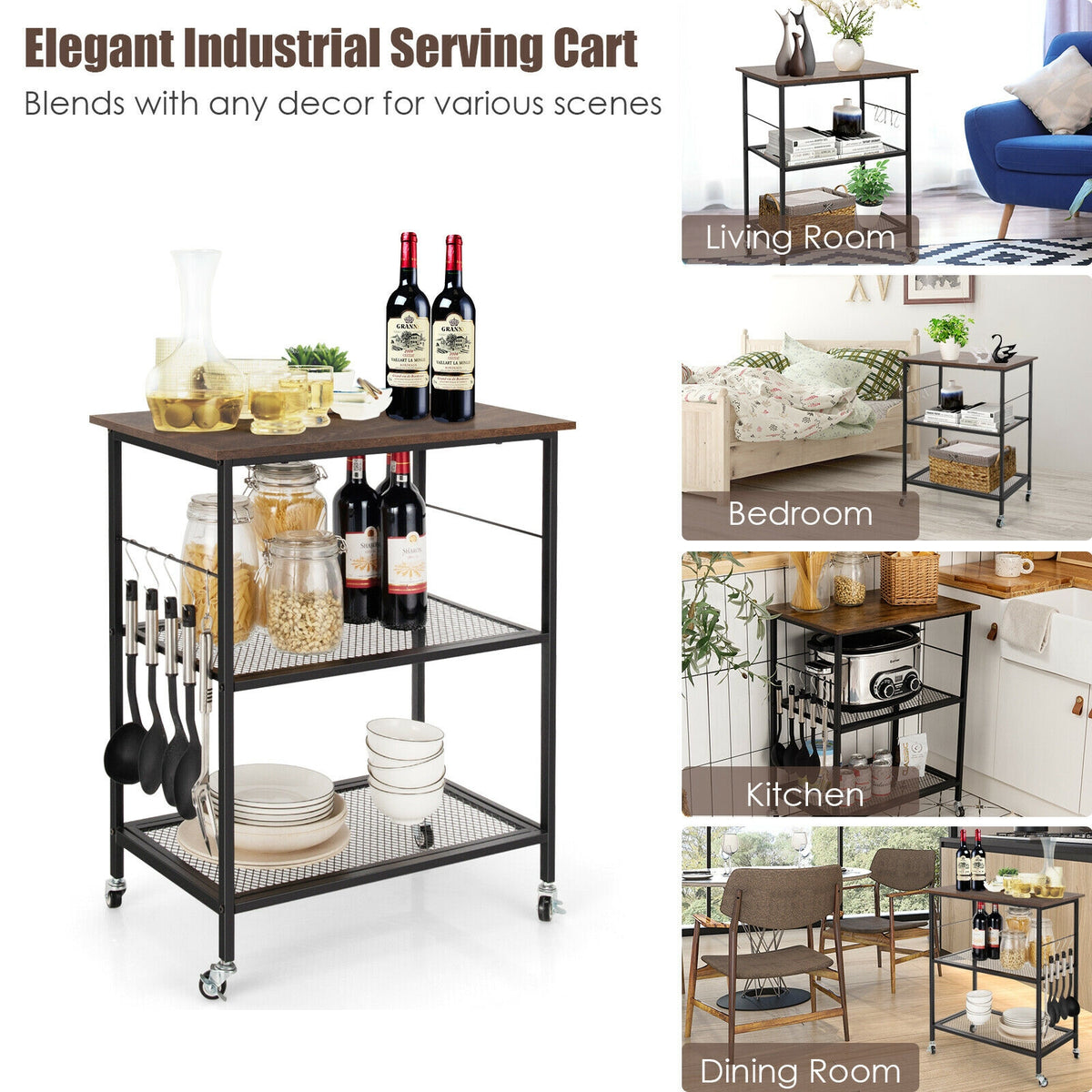 3-Tier Kitchen Serving Cart Utility Standing Microwave Rack with Hooks Brown-Baker’s Racks-DECOROLALA