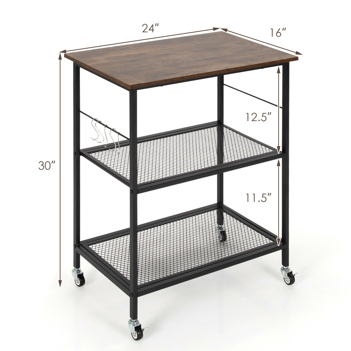 3-Tier Kitchen Serving Cart Utility Standing Microwave Rack with Hooks Brown-Baker’s Racks-DECOROLALA