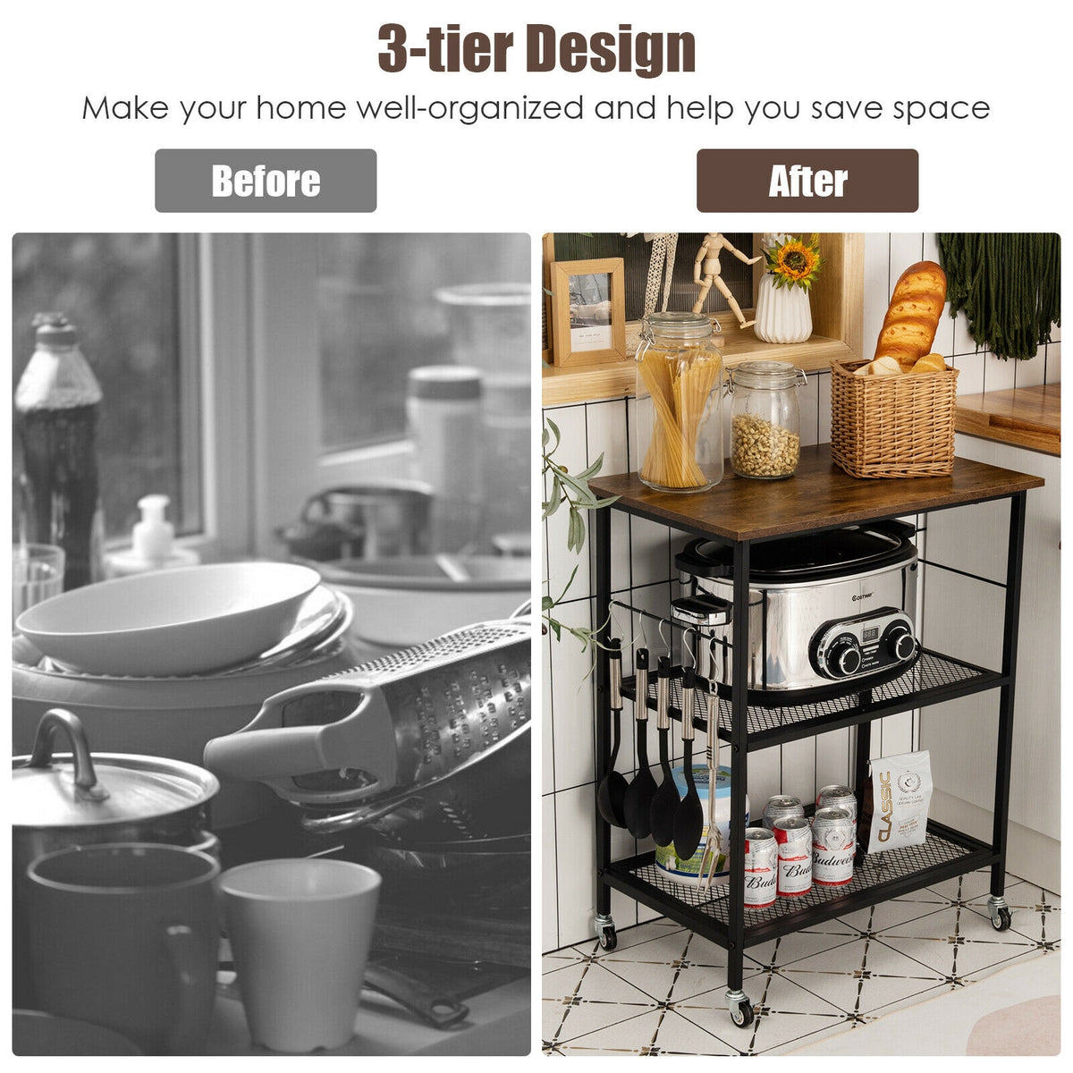 3-Tier Kitchen Serving Cart Utility Standing Microwave Rack with Hooks Brown-Baker’s Racks-DECOROLALA
