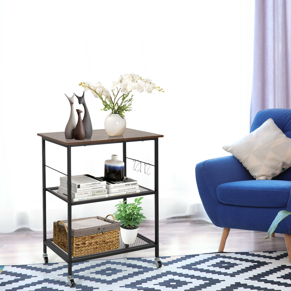 3-Tier Kitchen Serving Cart Utility Standing Microwave Rack with Hooks Brown-Baker’s Racks-DECOROLALA