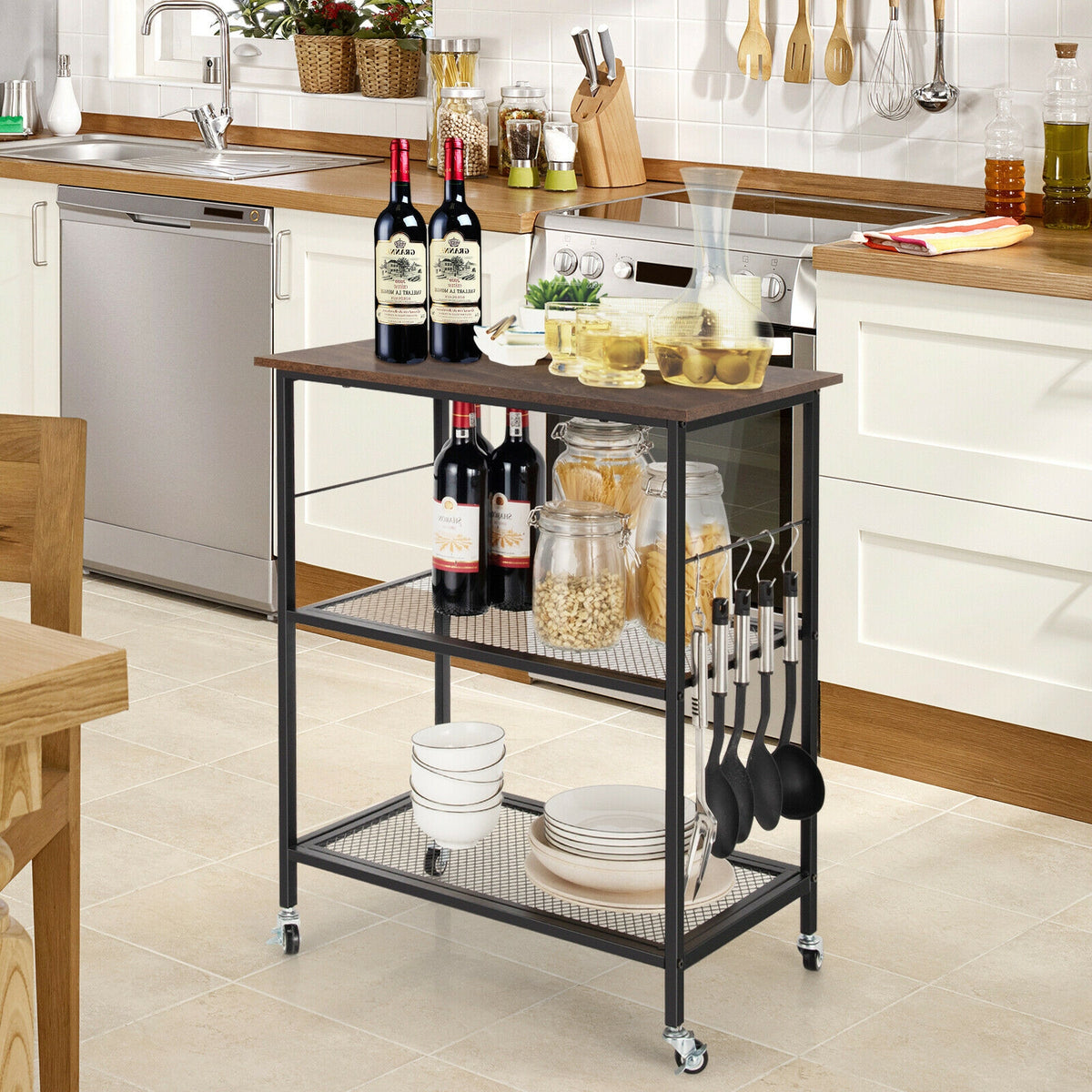 3-Tier Kitchen Serving Cart Utility Standing Microwave Rack with Hooks Brown-Baker’s Racks-DECOROLALA