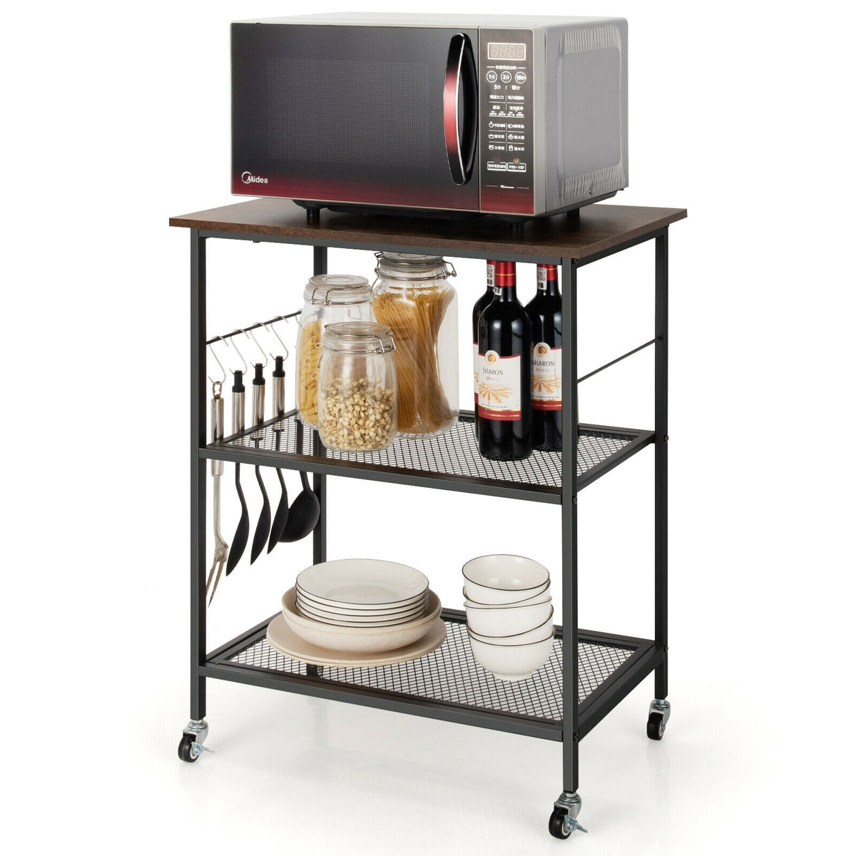 3-Tier Kitchen Serving Cart Utility Standing Microwave Rack with Hooks Brown-Baker’s Racks-DECOROLALA
