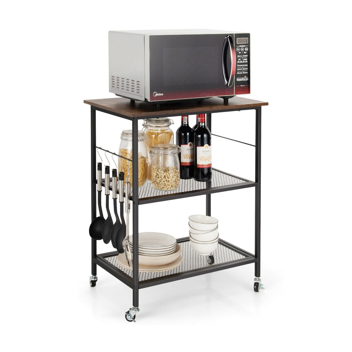 3-Tier Kitchen Serving Cart Utility Standing Microwave Rack with Hooks Brown-Baker’s Racks-DECOROLALA