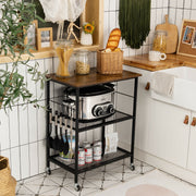 3-Tier Kitchen Serving Cart Utility Standing Microwave Rack with Hooks Brown-Baker’s Racks-DECOROLALA