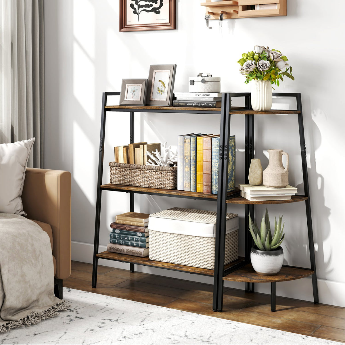 3-Tier Ladder Shelf and Corner Shelf Set with Metal Frame-Rusticbrown-Bookcases-DECOROLALA