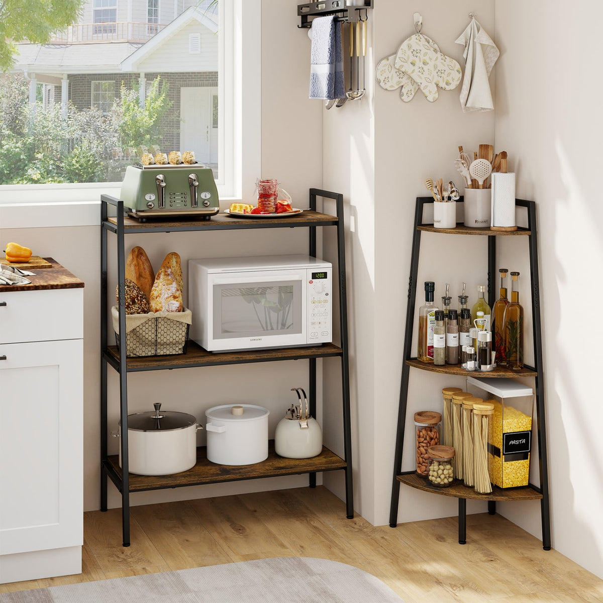 3-Tier Ladder Shelf and Corner Shelf Set with Metal Frame-Rusticbrown-Bookcases-DECOROLALA