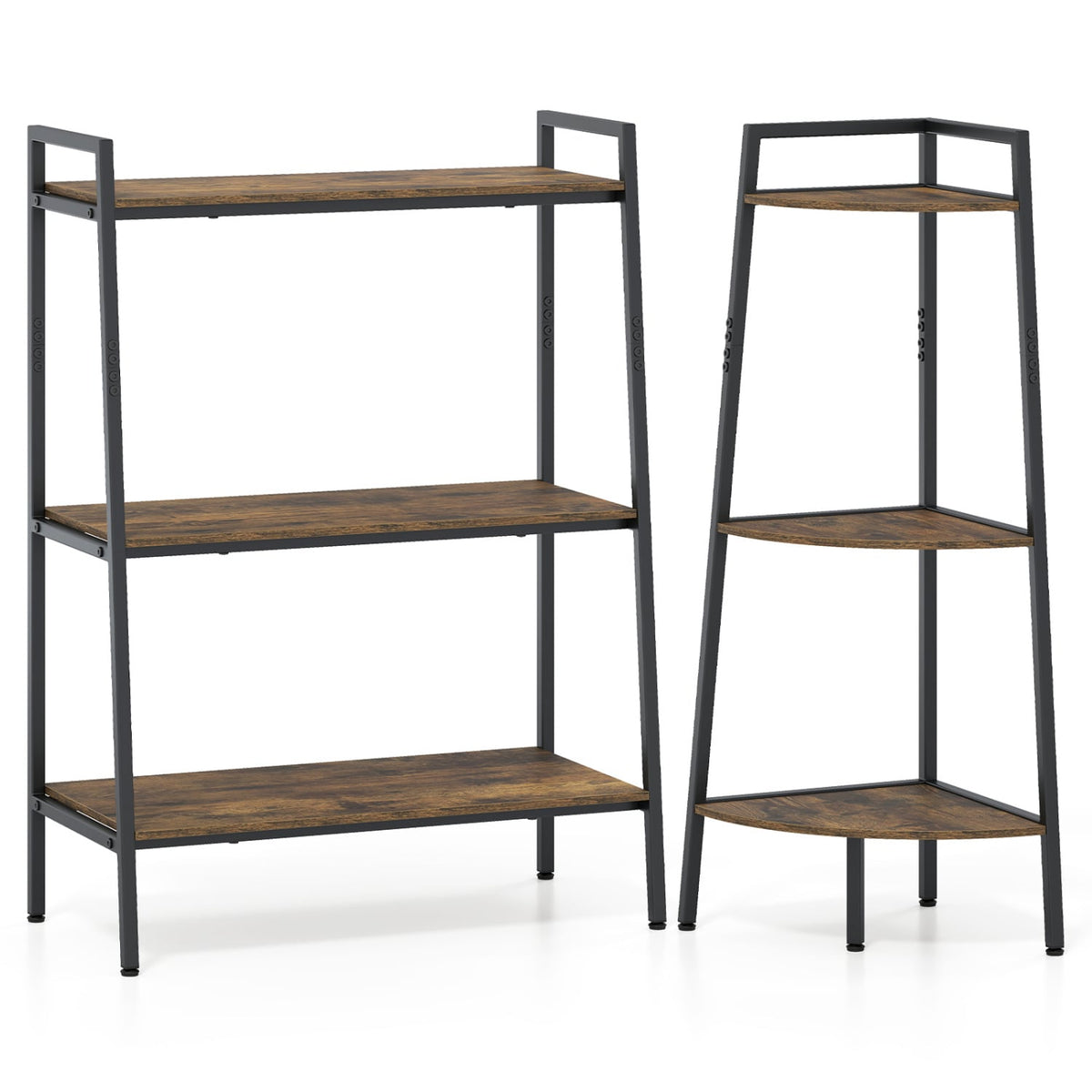 3-Tier Ladder Shelf and Corner Shelf Set with Metal Frame-Rusticbrown-Bookcases-DECOROLALA